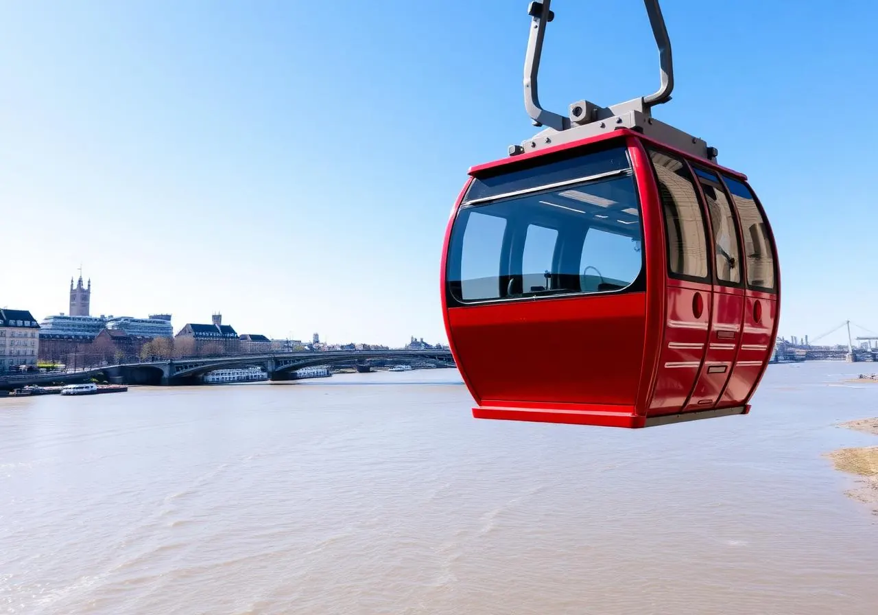 A red gondola of the London Cable Car suspended above the Thames