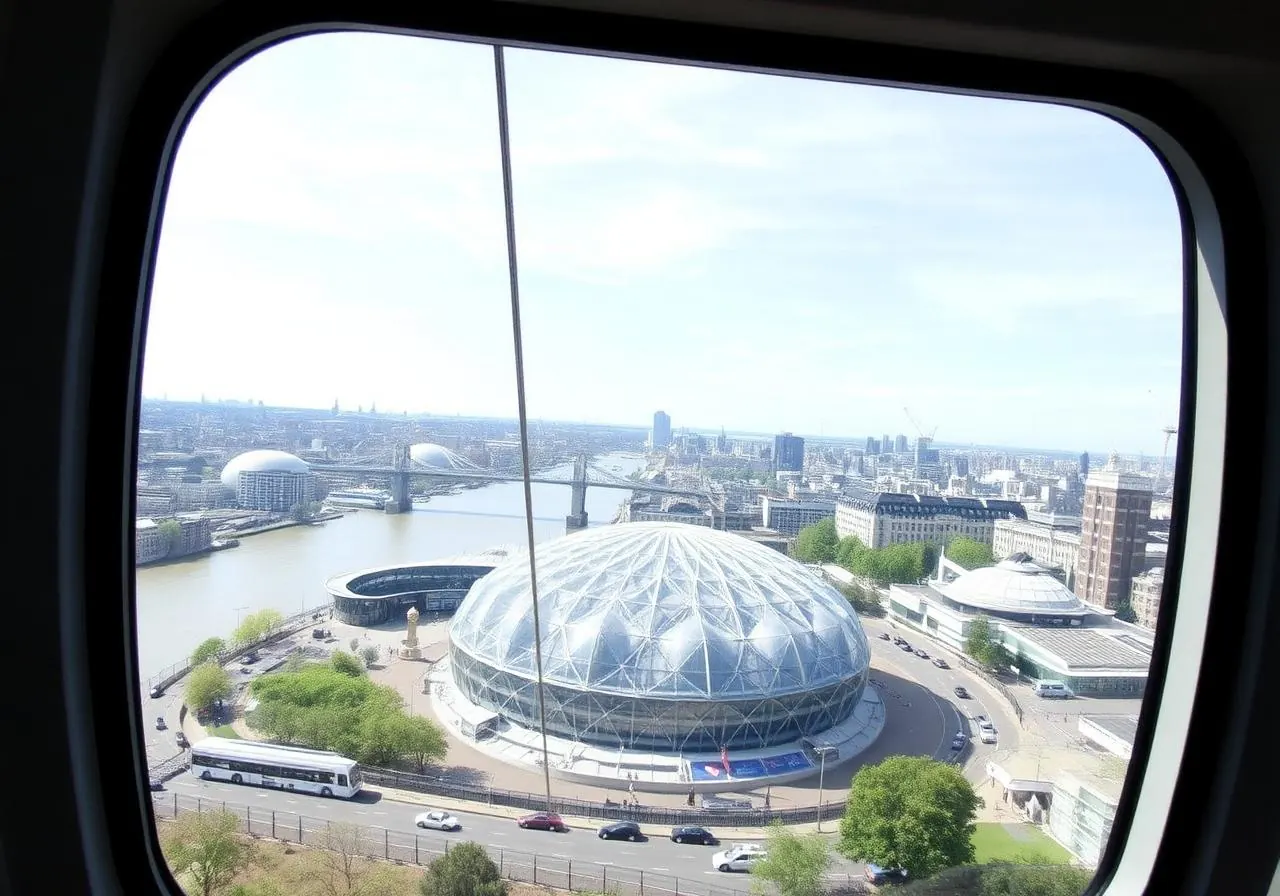 View from inside a cable car cabin over the O2 Arena and Thames